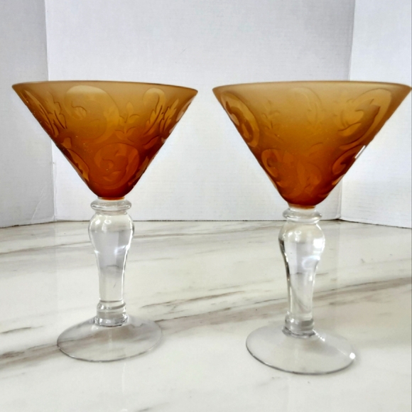 MICHAEL WEEMS Style Amber Frosted Etched Martini Glasses Set of 2